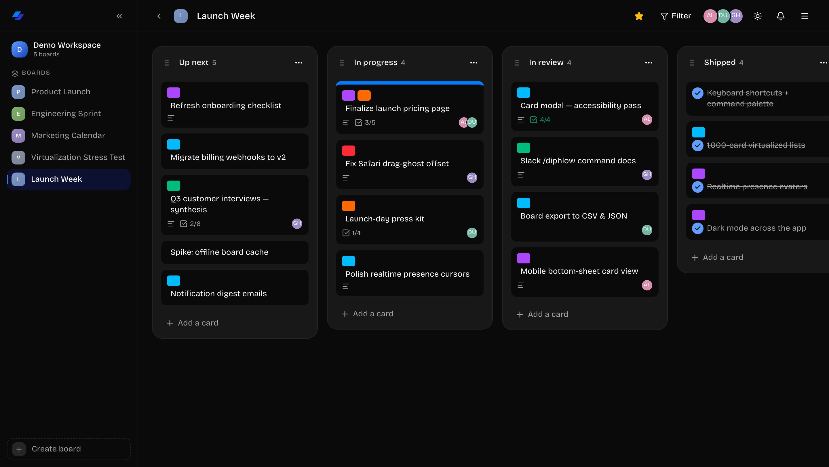 The same Launch Week board in Diphlow's dark theme